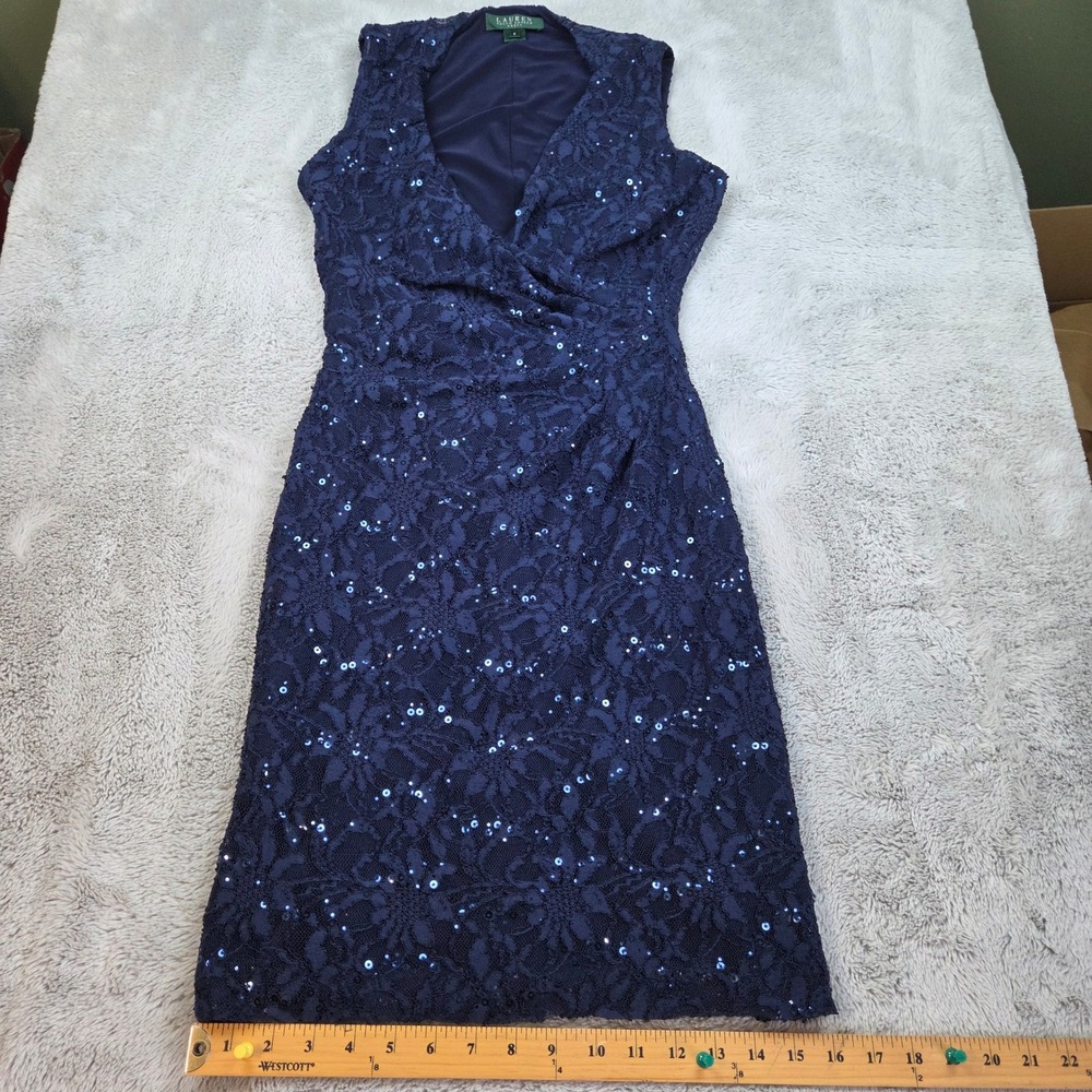 Lauren Ralph Lauren Dress Womens Sz 2 Sequin Floral Lace Surplice Sheath Navy